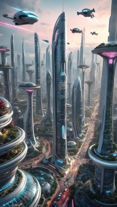 an artist's rendering of futuristic cityscape with spaceships flying over them