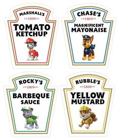 four stickers with different cartoon characters on them, each depicting the names of their favorite characters