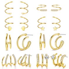 PRICES MAY VARY. ⭐【Earrings that Look Like Multiple Piercings】You will get 8 pairs different huggie illusion earrings, including double huggie earrings, double hoop earrings, star wrap earrings for women, heart spiral earrings, CZ twisted hoop earring, minimalist crawler earrings, claw earrings cuff studs. These piercing studs and hoops are very fashion and cute, you only need one pierced ear hole but it gives the appearance of 2/3/4 separate piercings. ⭐【Adjustable Size】Gague:20G(0.8mm), gold d Triple Hoop Piercing, Cuff Piercing, Illusion Earrings, Earrings Cuff, Crawler Earrings, Claw Earrings, Earring Minimalist, Triple Hoop Earrings, Double Earrings