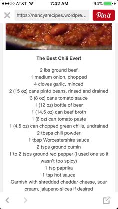 the best chili ever recipe is on an iphone screen, and it appears to be in english