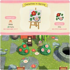 an animal crossing game with flowers on the ground and a painting easel in the background