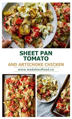 sheet pan tomato and artichoke chicken with text overlay that reads sheet pan tomatoes and artichoke chicken