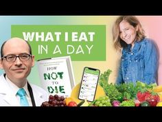 a man standing next to a table full of fruits and vegetables with the words what eat in a day on it