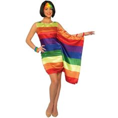 a woman dressed in a rainbow colored dress