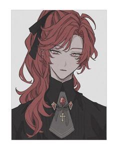 an anime character with long red hair wearing a black shirt and tie, looking to the side