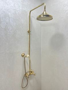 a shower head and hand held shower faucet in a white walled bathroom with gold fixtures