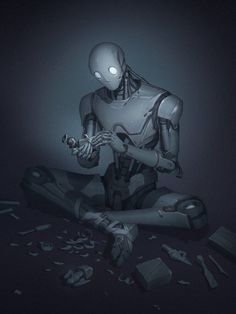 a robot sitting on the ground in front of broken objects