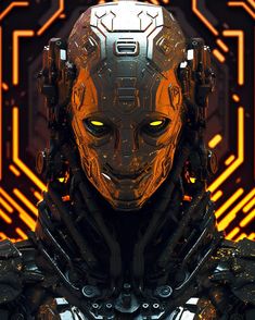 a robot with yellow eyes standing in front of an orange and black background