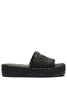 black woven raffia design enamel triangle logo flatform sole branded leather insole open toe gold-tone hardware Raffia Sandals, Flatform Sandals, Woven Raffia, Triangle Logo, Prada Crossbody Bag, Black Crochet, Designer Sandals, Prada Shoes, Prada Men