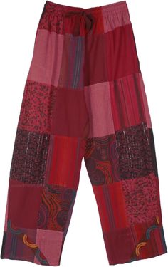 Patchwork cotton pants for summer, chic, boho, unrestricted and so enviro-friendly with its recycled patchwork design and a pocket on either side.  The coloration is mainly deep earthen tones of reds and pinks but also has some blue, purple, orange on different patchwork prints, etc. #tlb #Patchwork #vacationclothing #beachwrap #Handmade #Unisexbohopants #FestivalPants #patchworkpants #hippiecottonpants Patchwork Boho Pants, The Little Bazaar Pants, Diy Boho Pants, Red Cotton Hippie Pants, Hippie Red Cotton Pants, Red Patchwork Bottoms For Summer, Red Patchwork Summer Bottoms, Red Cotton Bottoms For Festival, Recycled Patchwork