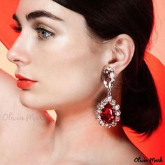 Olivia Mark - Exquisite Gemstone Pear Cut Pendant Silver Plated Dangle Earrings - Red Red Crystal Earrings For Gift, Red Crystal Drop Earrings, Red Crystal Dangle Earrings, Red Crystal Dangle Chandelier Earrings, Red Crystal Chandelier Dangle Earrings, Red Drop Crystal Earrings For Evening, Glamorous Red Drop Earrings, Red Crystal Glamorous Earrings, Red Crystal Chandelier Earrings As Gift