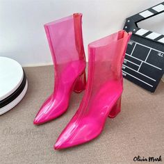 Olivia Mark - Parisian Runway Transparent Heeled Short Boots with Crystal Chunky Heels - Fashionable Dopamine Chunky Heeled Fashion Boots Pink Summer Party Boots, Chic Pink Summer Boots, Rough Heels, Zipper Heels, Plastic Shoes, Super High Heels, Pointed Heels, Zipper Boots, Short Boots