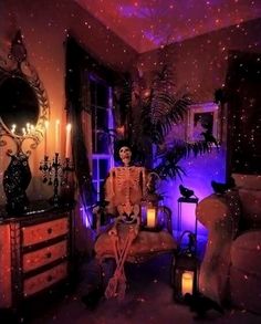 a skeleton sitting on a chair in a room with purple lights and stars all over the ceiling