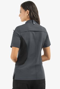 Look great, feel great, cook great. This Stretch Chef Coat covers the first two – with comfort features like 4-way stretch, flattering tech mesh side panels and a tech mesh-lined back vent. And pockets! Chef PERFORMANCE gets the job done. From technical fabric to functional features, it’s designed to enhance life in a professional kitchen • Modern fit • Stand collar • Asymmetrical hidden-snap closure • Total of 4 pockets • 2 front pockets • 1 hidden pocket in right front pocket • 1 pen/thermomet Male Scrubs, Chef Design, Cafe Uniform, Chef Coats, Chef Uniforms, Short Sleeve Coat, Medical Scrubs Outfit, Scrubs Dress, Chef Jackets