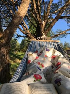 an open book is laying in a hammock