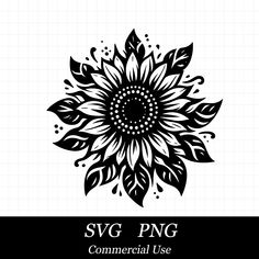 the svg sunflower is shown in black and white