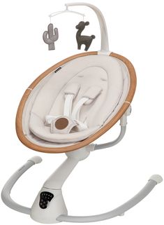 a white baby swing with a wooden seat and two hooks on the handlebars