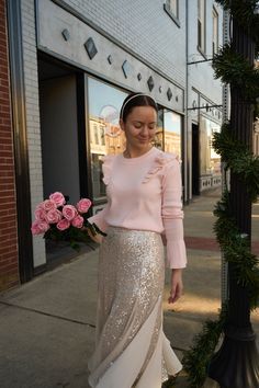 Feminine Long Sleeve Ruffled Sweater, Pink Ruffled Tops For Winter, Pink Ruffled Winter Top, Feminine Ruffled Sweater For Spring, Spring Feminine Sweater With Ruffles, Pink Sweater For Fall Party, Pink Fall Party Sweater, Pink Ruffled Sweater For Winter, Pink Ruffled Winter Sweater