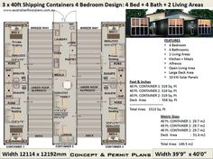 the floor plan for an apartment building with 4 shipping containers and 3 bedroom design 8 bath + living areas