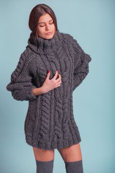 Winter Knitted Long Sleeve Tops, Knitted Long Sleeve Sweater, Long Sleeve Knitted Sweater, Gray Long-sleeved Knitted Sweater Dress, Hand Knitted Gray Sweater For Fall, Winter Gray Knitted Sweater Dress, Gray Knitted Sweater Dress For Winter, Gray Hand Knitted Sweater For Fall, Hand Knitted Long Sleeve Sweater Dress For Fall