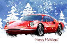 a red sports car in the snow with happy holidays written on its front door window