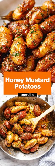 honey mustard potatoes in a skillet with the title overlay that reads, honey mustard potatoes