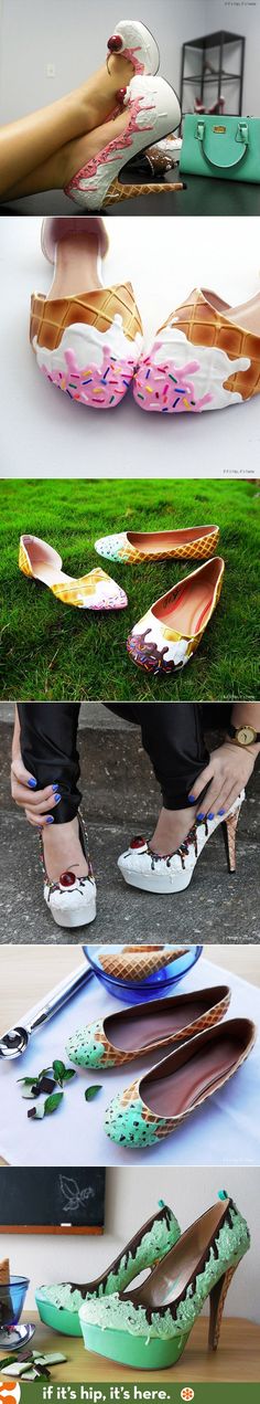 You scream, I scream, we all scream for these awesome Ice Cream Kawaii Shoes! Wacky Shoes, Homestuck Trickster, Shoe Bakery, Strange Shoes, Weird Shoes, Ice Cream Shoes, Mode Shoes, Awesome Shoes, Kawaii Shoes