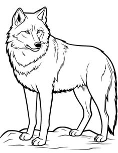 a wolf standing on top of a rock with its mouth open and tongue out, coloring page