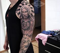 Jesus Tattoo Sleeve, Religous Tattoo, Arm Tattoos Lettering, Jesus Tattoo Design, Christ Tattoo, Light Tattoo, Men Tattoos Arm Sleeve, Full Arm Tattoos