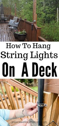 Before and after hanging string lights on deck railing Deck Posts For Lights, Outdoor Deck String Lights, Hanging Yard Lights, Back Porch Hanging Lights, Decking Lights Ideas, Best Way To Hang Outdoor String Lights, Deck Lights Ideas Outdoor, Deck With Hanging Lights, Shepard Hook Patio String Lights