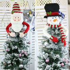 two snowmen sitting on top of a christmas tree