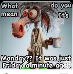 a cow with a robe on holding a coffee cup in front of it and the caption reads, what do you mean it's monday? it was just friday a minute ago