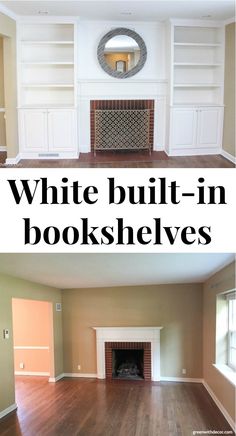 an empty living room with white built - in bookshelves and wood flooring