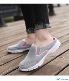 Orcajump - Breathable Slip-on Mesh Loafers: Comfortable and Stylish Casual Shoes with Half Insole Support and Flat Heel Light Gray, Casual Shoes, Light Grey, Loafers, Slip On, Mesh, Heels