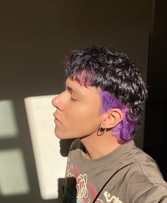 Purple Mullet, Men Purple Hair, Color Block Hair, Dyed Hair Men, Hair Dye Tips, Split Dyed Hair, Shaved Hair Designs, Short Grunge Hair, Colored Hair Tips