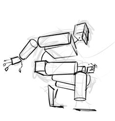 a black and white drawing of a robot with its head in the air, looking at something