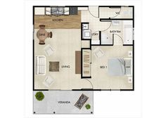 the floor plan for a two bedroom apartment with an attached kitchen and living room area