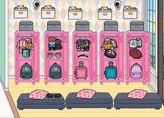 a room filled with lots of pink lockers covered in cartoon characters and luggage bags