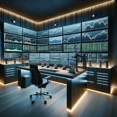 an office with many screens and lights on the wall