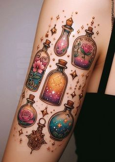 #BEAUTY ,#REALATIONSHIPS #Fashion #Outfits #Winter Outfits #Animals Potion Tattoo Color, Vintage Sleeve Tattoo, Interactive Tattoo, Apothecary Tattoo, Stain Glass Tattoo, Magic Tattoo Ideas, Practical Magic Tattoo, Potion Bottle Tattoo, Botanical Illustration Tattoo