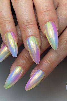 Rainbow Chrome Nails, Rainbow Chrome, Chrome Manicure, Natural Nail Art, Unicorn Nails, White Chrome, Pearl Nails, Rainbow Nails