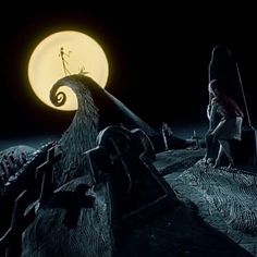 the little mermaid is sitting on top of a hill in front of a full moon