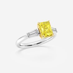 2 ctw Radiant Lab Grown Diamond Fancy Yellow With Tapered Baguettes Three Stone Engagement Ring 14K Two-Tone White and Yellow Gold Yellow Baguette Cut Diamond Ring, Yellow Diamond Ring With Baguette Cut, Classic Yellow Diamond Ring Baguette Cut, Classic Yellow Baguette Cut Diamond Ring, Elegant Yellow Baguette Cut Diamond Ring, Gia Certified Yellow Baguette Cut Ring, Gia Certified Radiant Cut Yellow Diamond Ring, Three Stone Engagement, Three Stone Engagement Rings