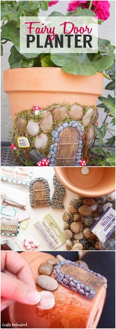 the instructions to make a fairy door planter with rocks and stones in it, sitting on