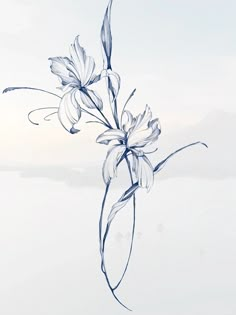 a blue and white drawing of flowers on a light colored background with water in the foreground