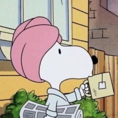 a cartoon character with pink hair holding a newspaper