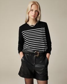 J.Crew: Pima Cotton Long-sleeve T-shirt In Stripe For Women Trendy Striped Hem Tops For Fall, Trendy Fall Tops With Striped Hem, Spring Sweater With Horizontal Stripe Pattern, Black Sweater With Striped Collar, Chic Long Sleeve Sweater With Contrast Stripes, Trendy Tops With Contrast Stripes For Work, Trendy Horizontal Stripe Top For Fall, Long Sleeve Striped Sweater For Work, Long Sleeve Sweater With Contrast Stripes For Work