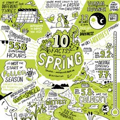 an illustrated poster with the words spring written in different languages and numbers, including trees