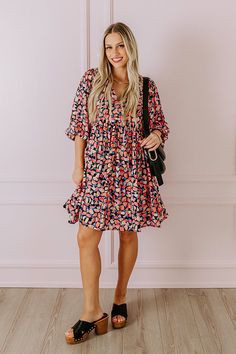 Flowy Half Sleeve Floral Print Dresses, Floral Print Half Sleeve Dress For Day Out, Half Sleeve Floral Print Dress For Day Out, Chic Half Sleeve Floral Print Dress, Floral Print Dress With 3/4 Sleeves For Vacation, Floral Print Dress With 3/4 Sleeves For Brunch, Floral Print 3/4 Sleeve Dress For Day Out, Floral Print Dress With 3/4 Sleeves For Day Out, Casual Floral Print Dress With 3/4 Sleeves