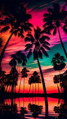 palm trees are silhouetted against a colorful sky and water at sunset, with the sun setting